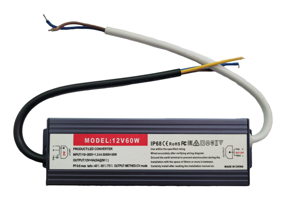 Изображение Трансформатор водо-пилозахисний IMPUT110-265VOUTPUT DC12V  60 Вт